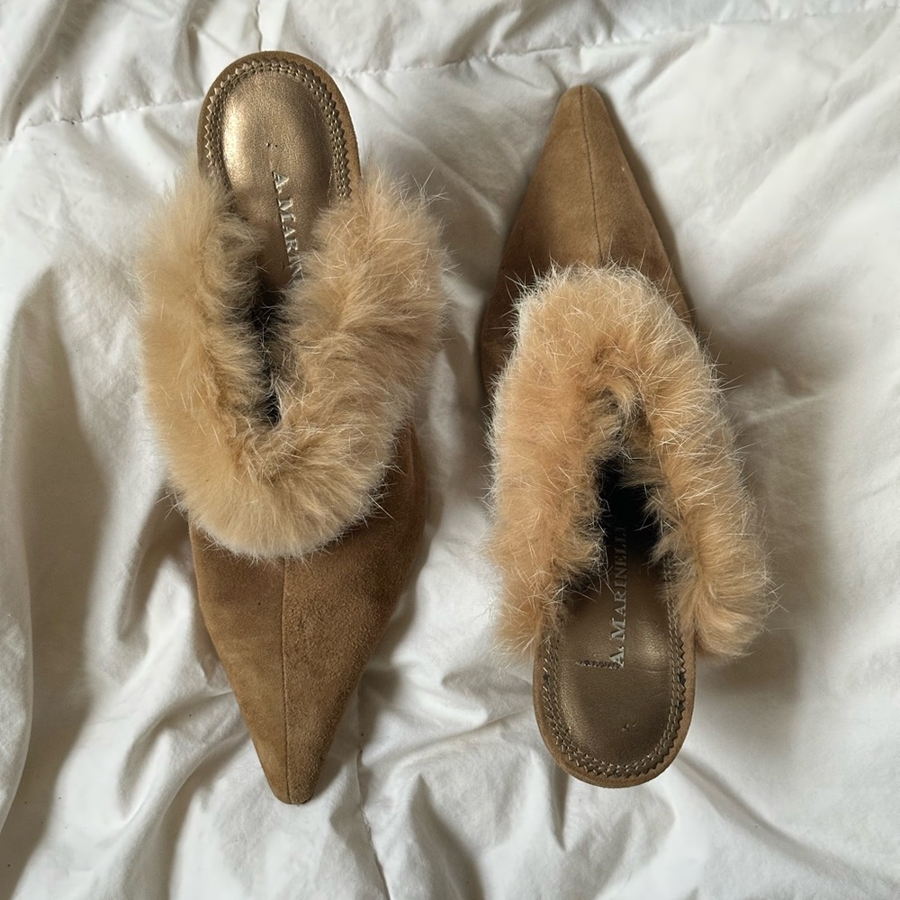 A. Marinelli Women's Tan Fur-Trimmed Mules